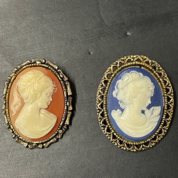 Vintage Ornate Carved Lady Face Cameo Brooches Lot of 2 - Picture 1 of 6